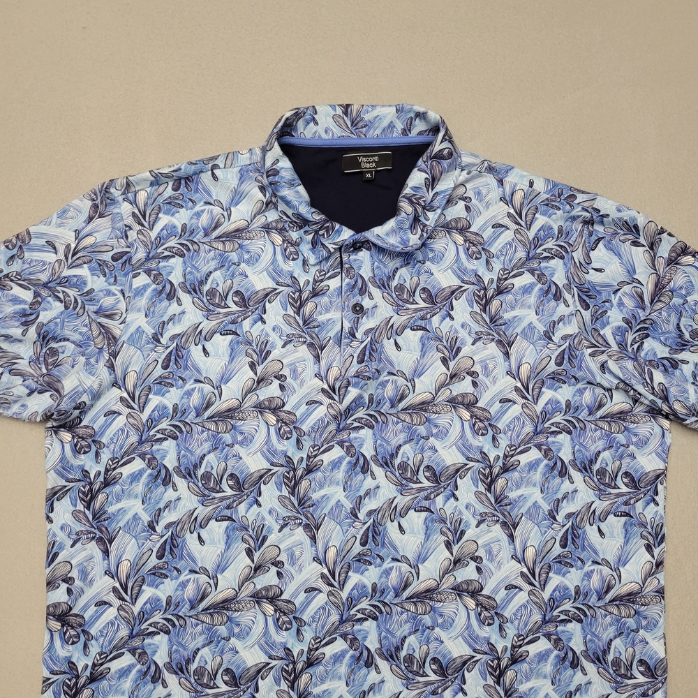 Visconti Black Polo Shirt Men’s XL Blue Tropical HawaiianMen's Blue Floral Shirt